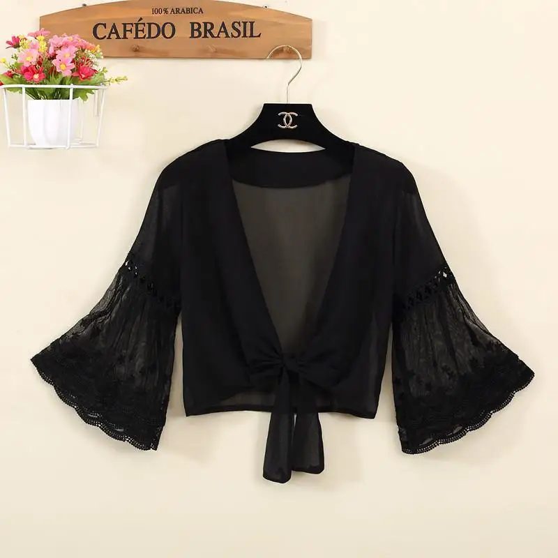 Summer Women Chiffon Blouse In Floral Woman V Neck Tie Waist Blouse Cardogan Shirt Flare Sleeve Top Lace Beach Blouse Cover Up