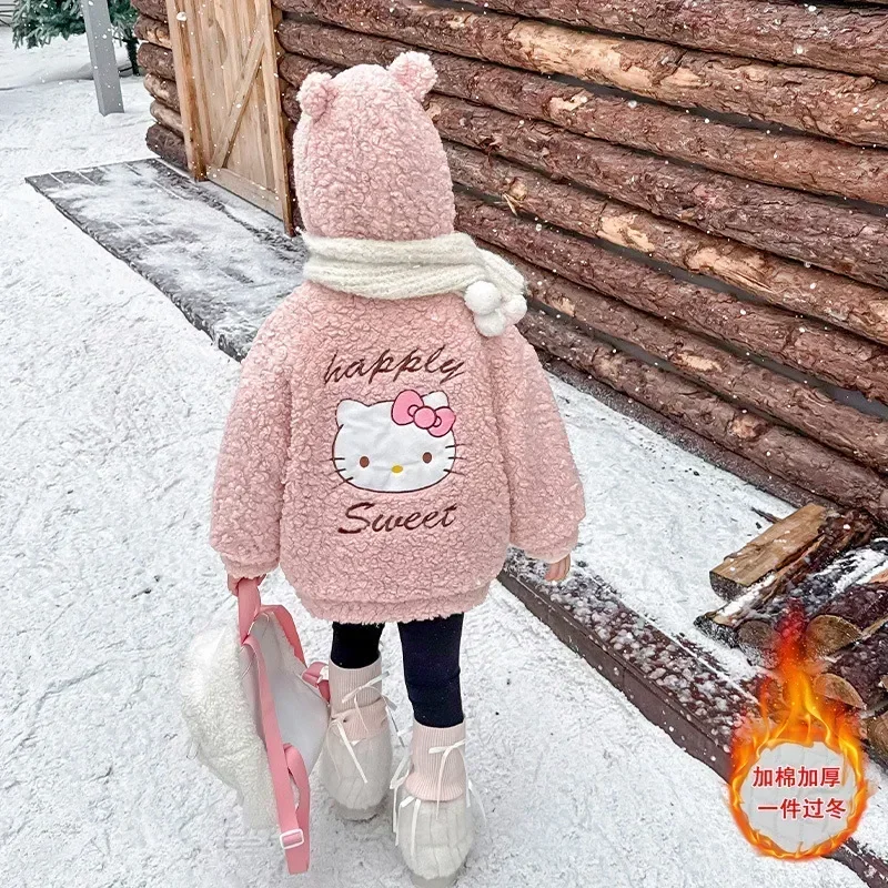 

Hello Kitty Anime Sanrio Ins Kawaii Fashion Long Sleeve Coat Children Cute Cartoon Fleece Thickened Jacket Gifts for Girls