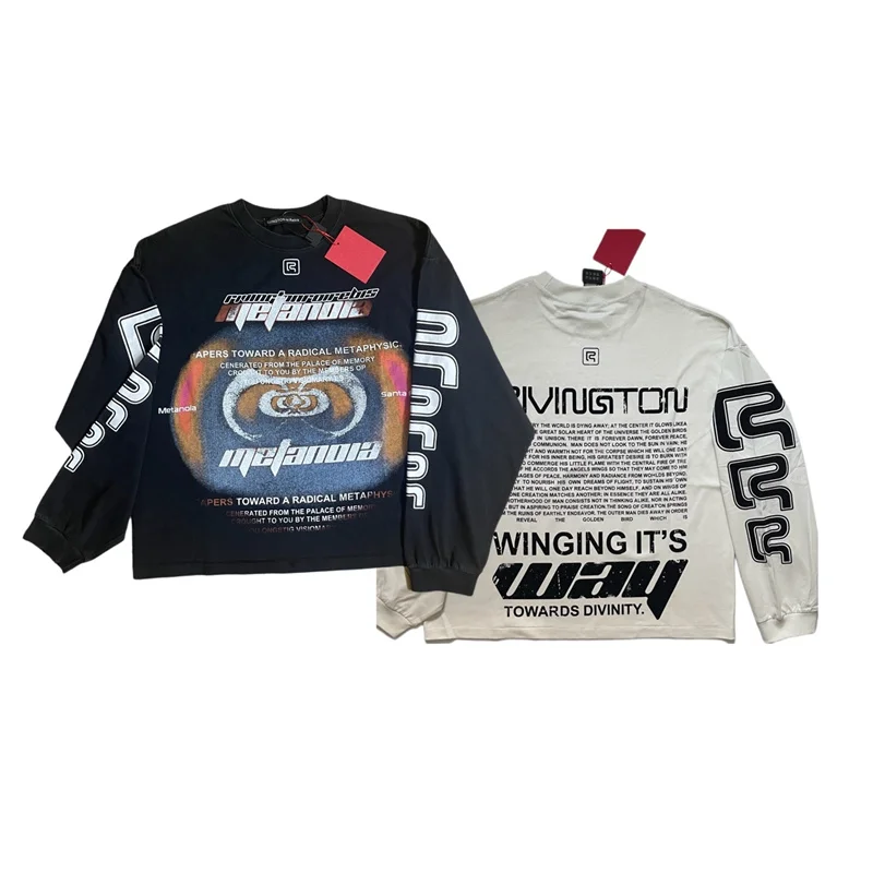 

High Street Vintage Washed Black Cement White RRR123 Long Sleeve T-Shirt Hip-Hop Fashion Men Women Pattern Print Cotton Tee