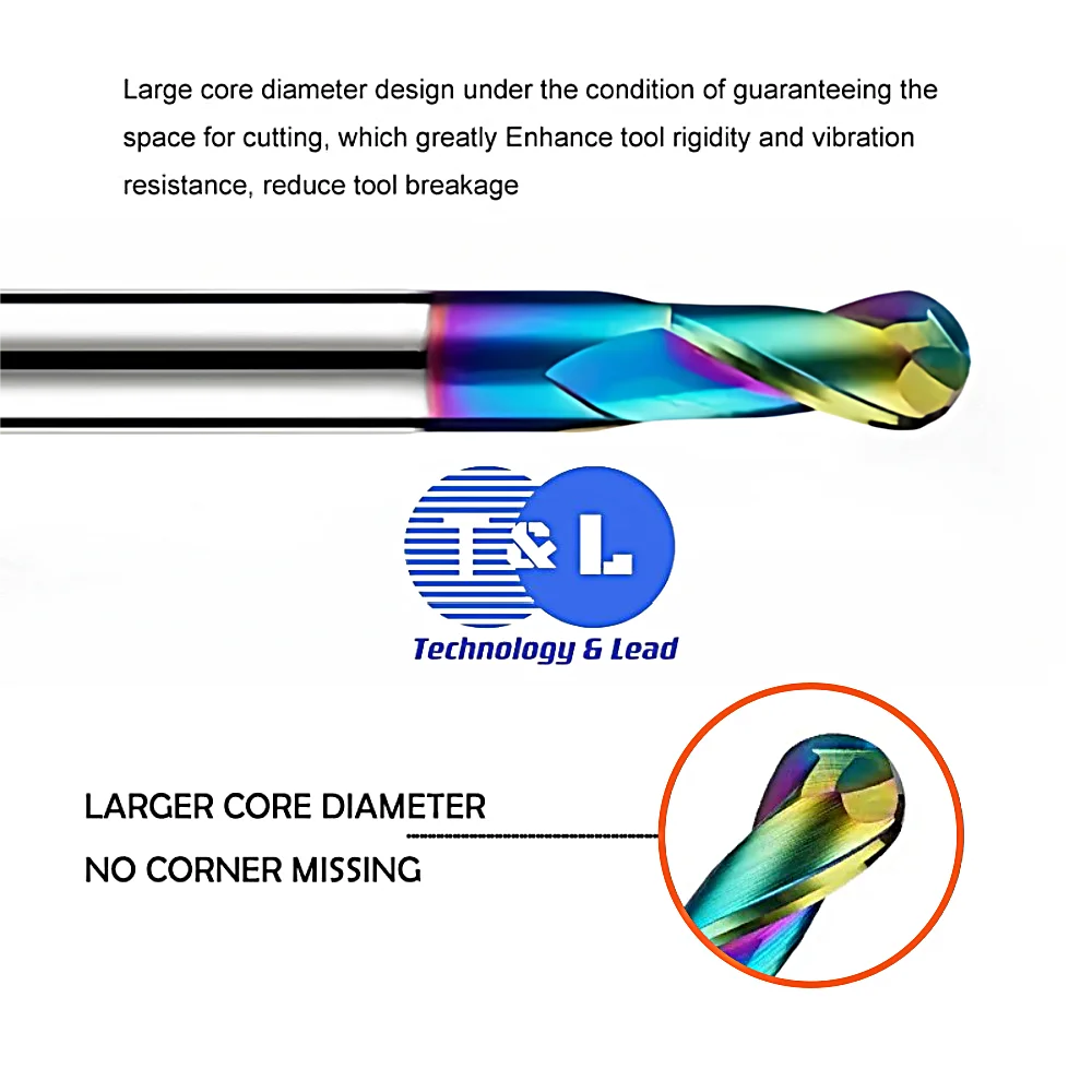 T&L HRC63 2F Colorful Coating Tungsten Steel Carbide Aluminum Ball End Milling Cutter CNC Mechanical Machining End Mill Tools