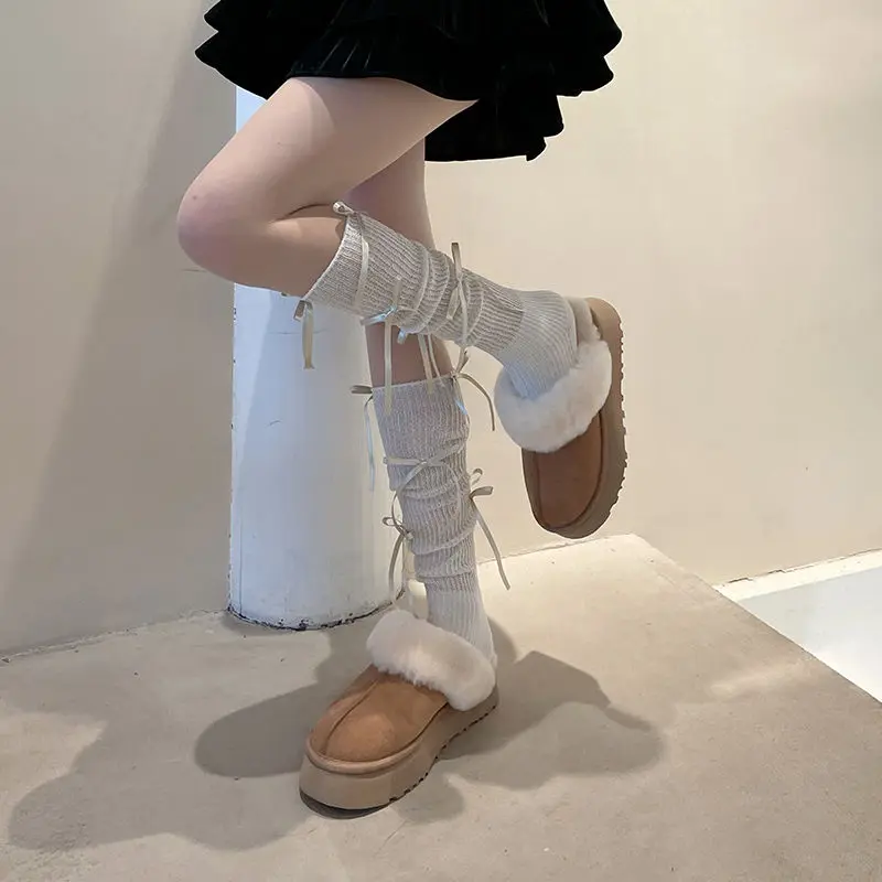 Elastic Lace Up 3D Bow Ties Stockings Ballet Style Sweet Calf Socks Female Hosiery Leg Socks JK Lolita Stockings Student