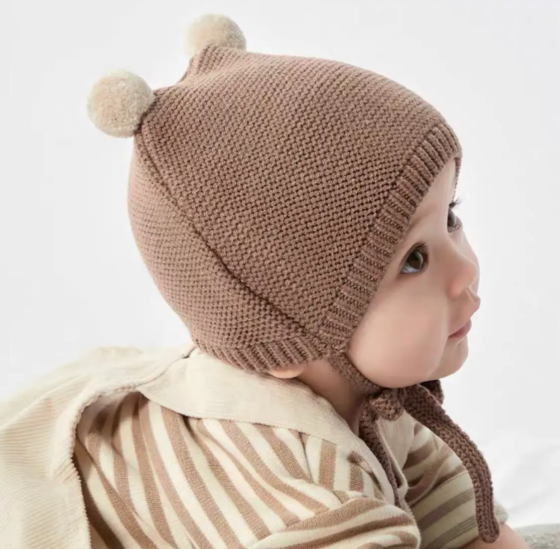 Pompom Baby Beanie Infant Autumn Winter Warm Crochet Bonnet Toddler Ear Protection Pullover Cap Children Solid Color Knitted Hat