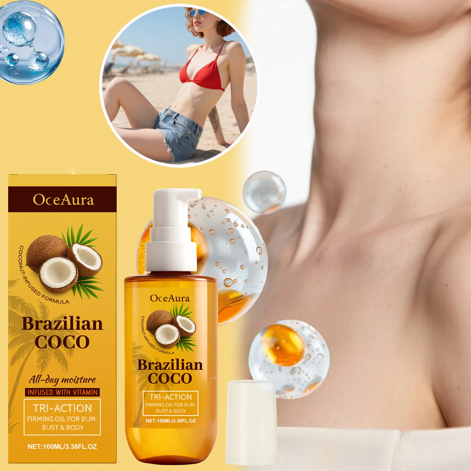 Kokosnuss-Körperöl, straffende und feuchtigkeitsspendende Hautpflege für den Körper, Gesäß, Brust, Vitamin, angereichert, trockene Haut, Heilmittel, nährend, schnell absorbend