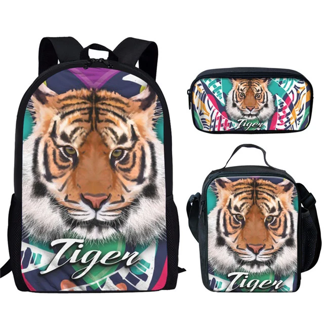 Tiger Baby 3D Print School Bag Set, sacos de livros padrão animal, mochila com lancheira, estojo de lápis, meninos e meninas, adolescentes, fofos, 3 peças