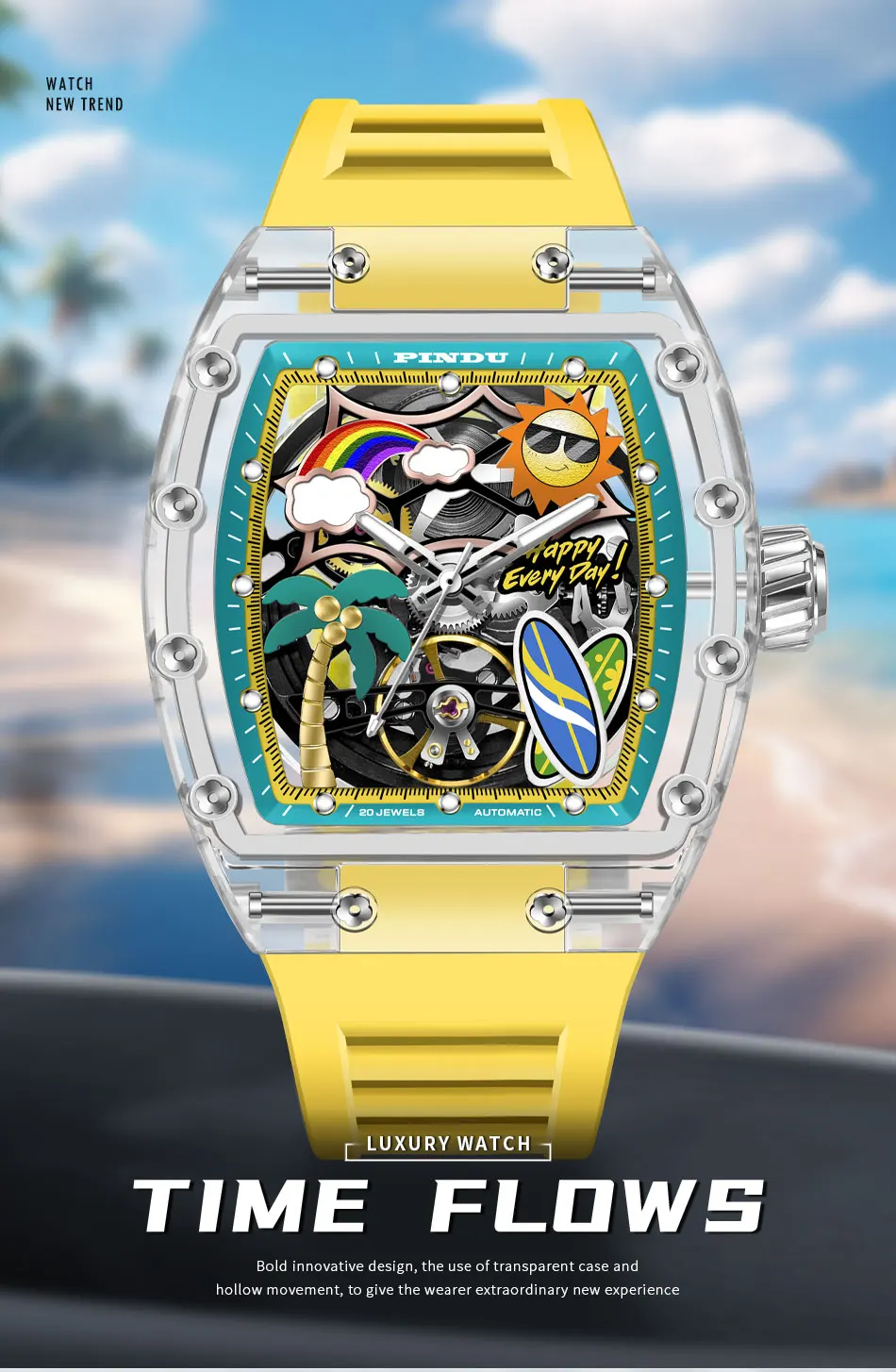 Neue PINDU Uhr mit einzigartigem Zifferblattdesign, mechanische Uhr für Herren, Sommer-Strandmode-Uhr, leuchtend, wasserdicht, mit Harz-Silikonarmband. – Detail 3