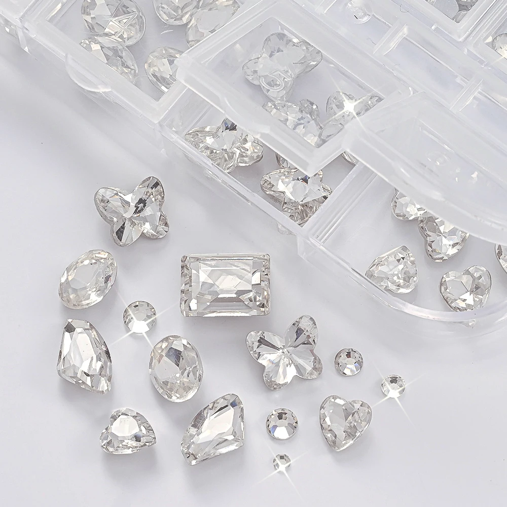 12 Grids 3D Flat Round Rhinestone Nail Charm Plus Large Shaped Nail Rhinestones Nail Gemstones Rectangular Strass DIY Nail Decor