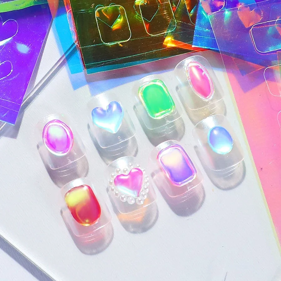 11 folhas de adesivos de vidro de gelo Aurora para arte em unhas, grandes decalques holográficos de unhas a laser para decoração de unhas