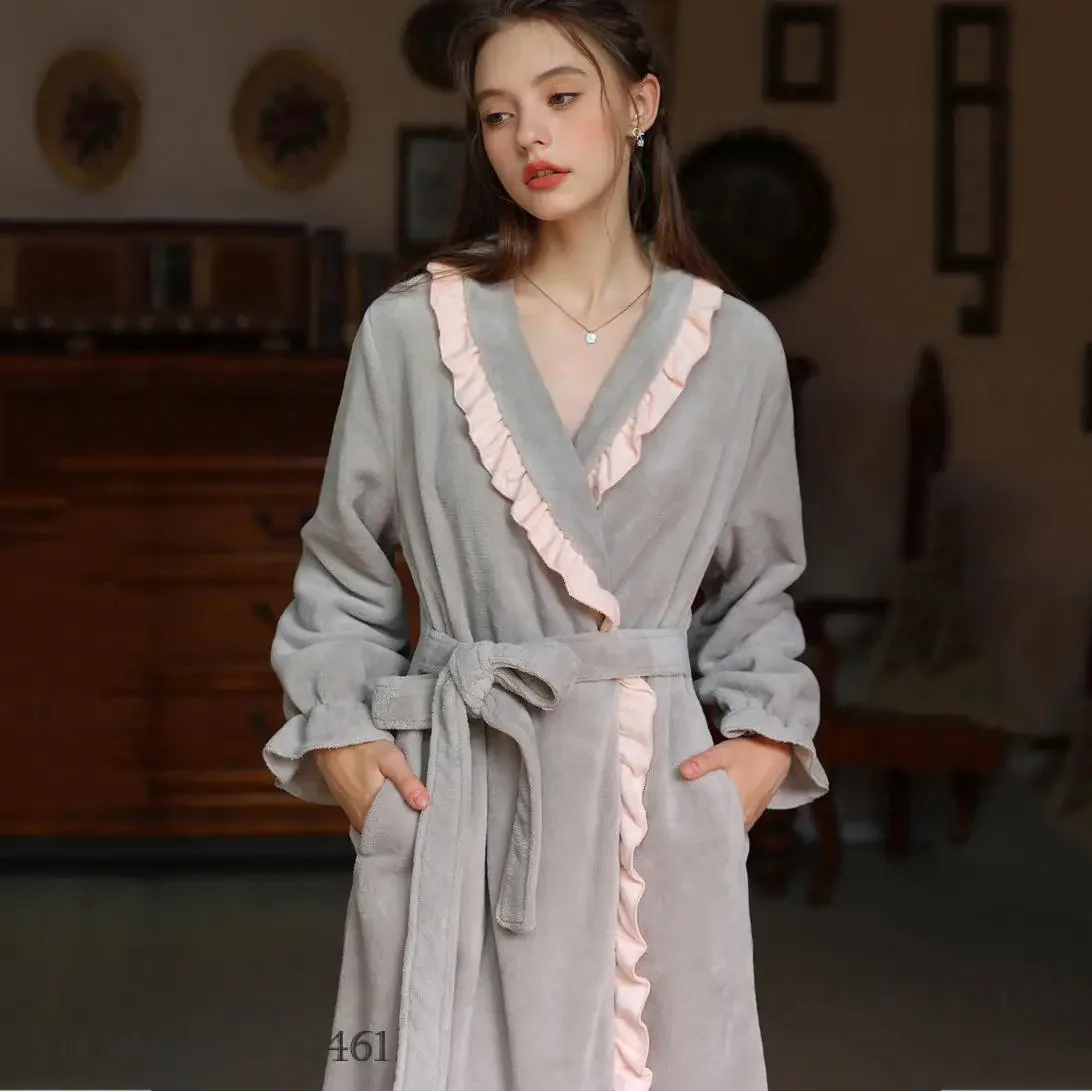 

Coral Fleece Nightgown Retro French Court Style Sleepwear New Flannel Female Long Robe Kimono Bathrobe Gown Negligee Homewear