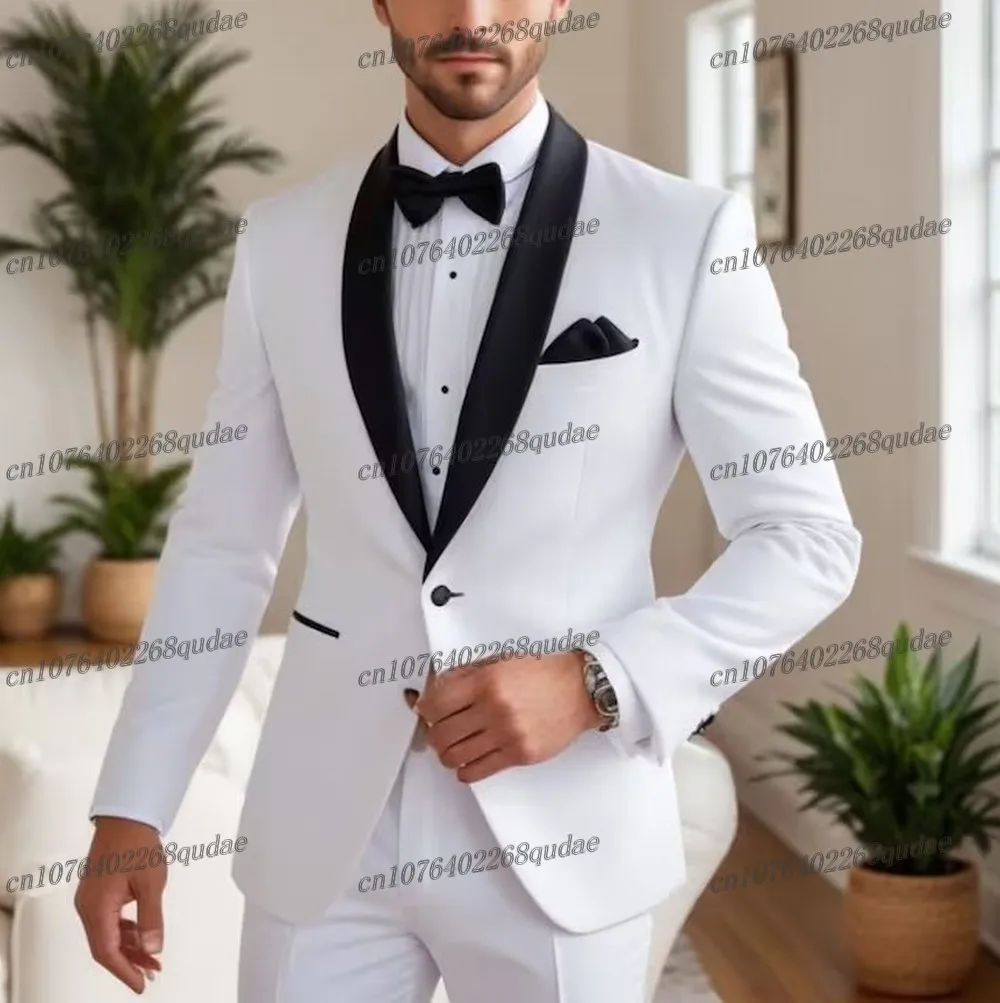 Black Collar White Formal Men Suit Wedding Party Groom Suits Groomsman Male Tuxedos Bridegroom Costume 2 Piece Set Blazer Pants