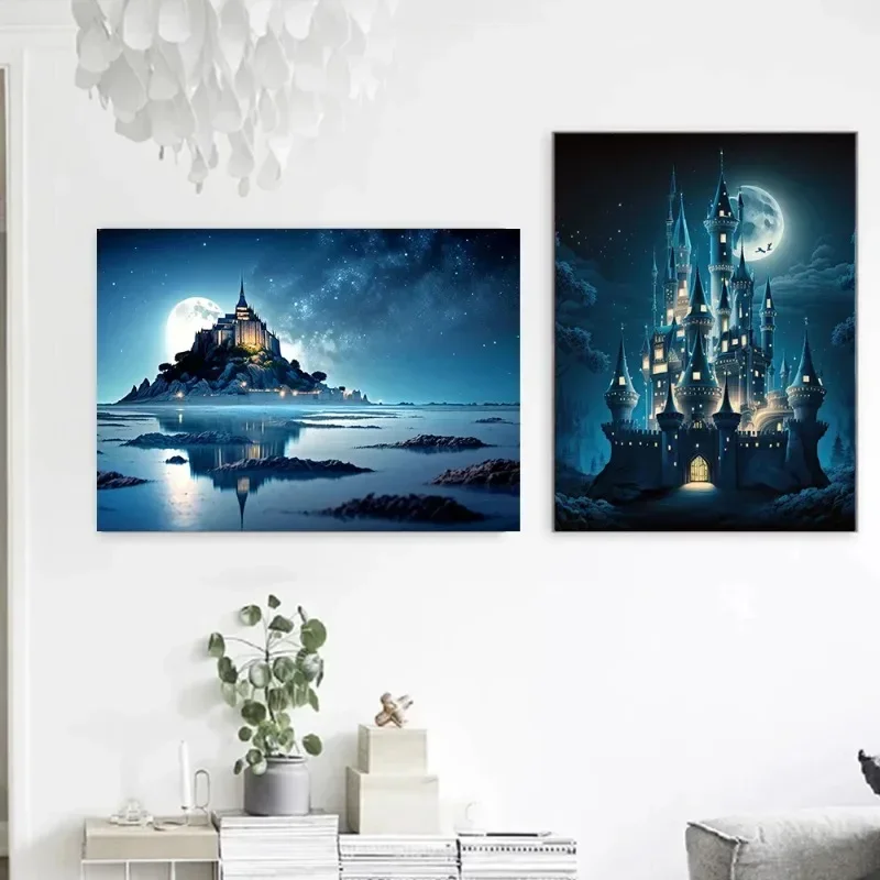 Fairytale Princess Castle Night Scene Dream Building Landscape  Canvas Painting Wall Posters Children's Room Gifts Home Decor