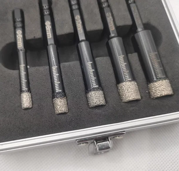 

5 шт. паяные алмазные сверла 6/8/10/12/14 мм открывалка для отверстий с алюминиевой коробкой для плитки, мрамора, гранита, кварца