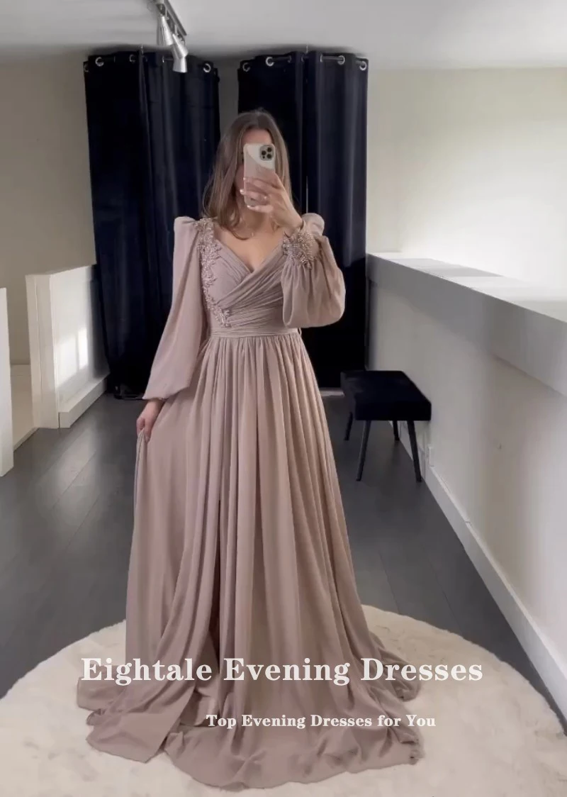 Eightale New in Evening Dresses V-Neck Appliques Beaded Long Sleeves Customized Chiffon Prom Gown for Wedding Party robe soiree