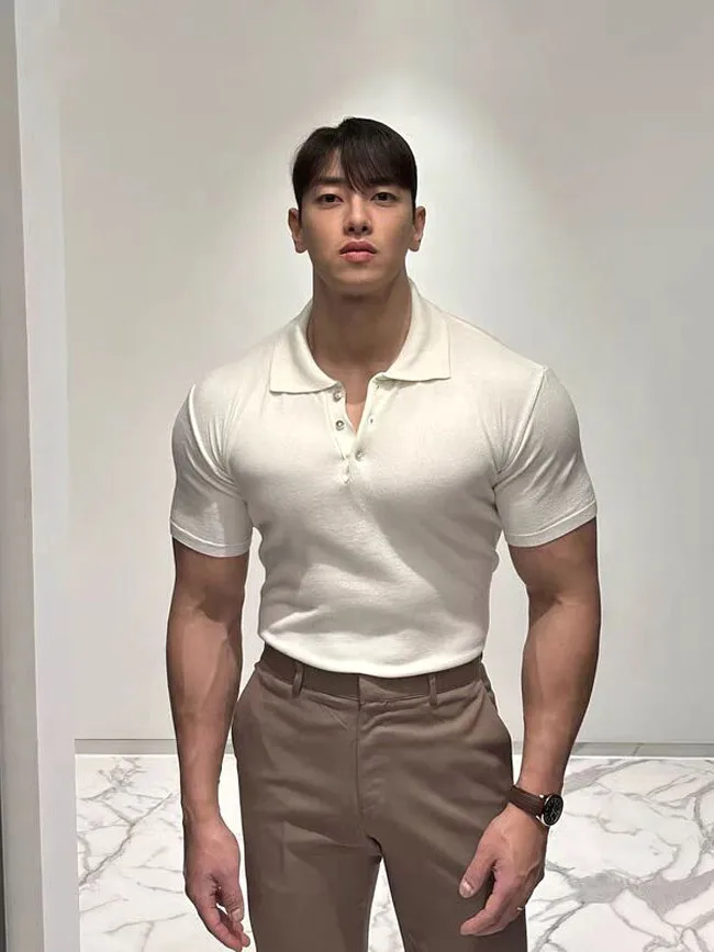 

Ice Oxygen Cotton Color irt Muscle Men Slim Fit Elastic ort Sve Отложной воротник Спецодежда Футболка Cool Feel...