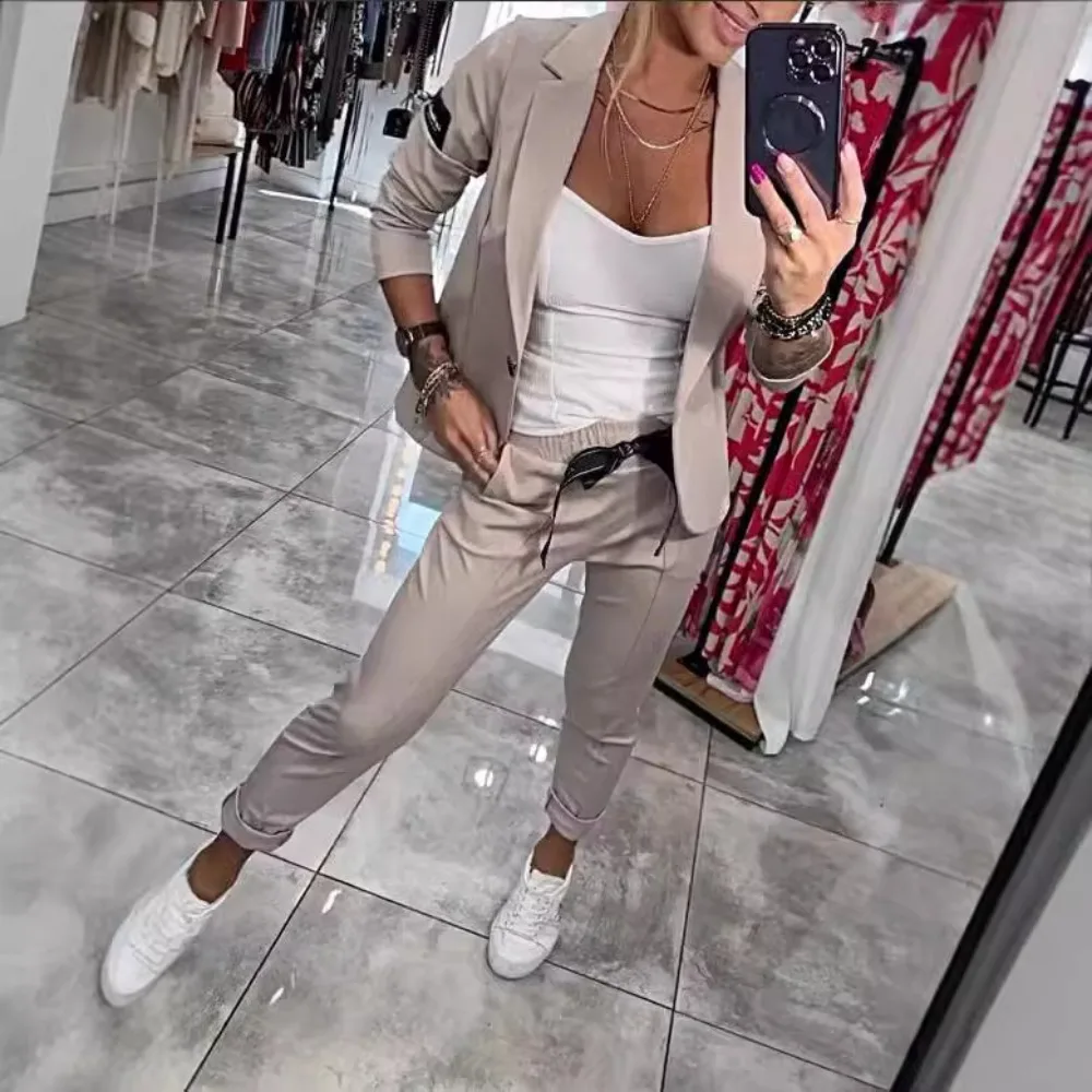 Two Piece Pant Sets Women Blazer Jacket Full Sleeve Zipper Coats Patchwork Suits High Waist Wide Leg Pants Sporty Spring