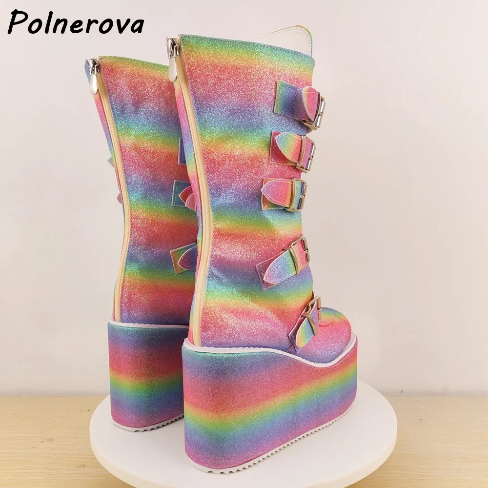 Rainbow Metal Heart Ankle Boots Wedges Buckle Belt Round Toe Thick Soled Sweet Short Boots Winter Women's Lovely Fashion Shoes