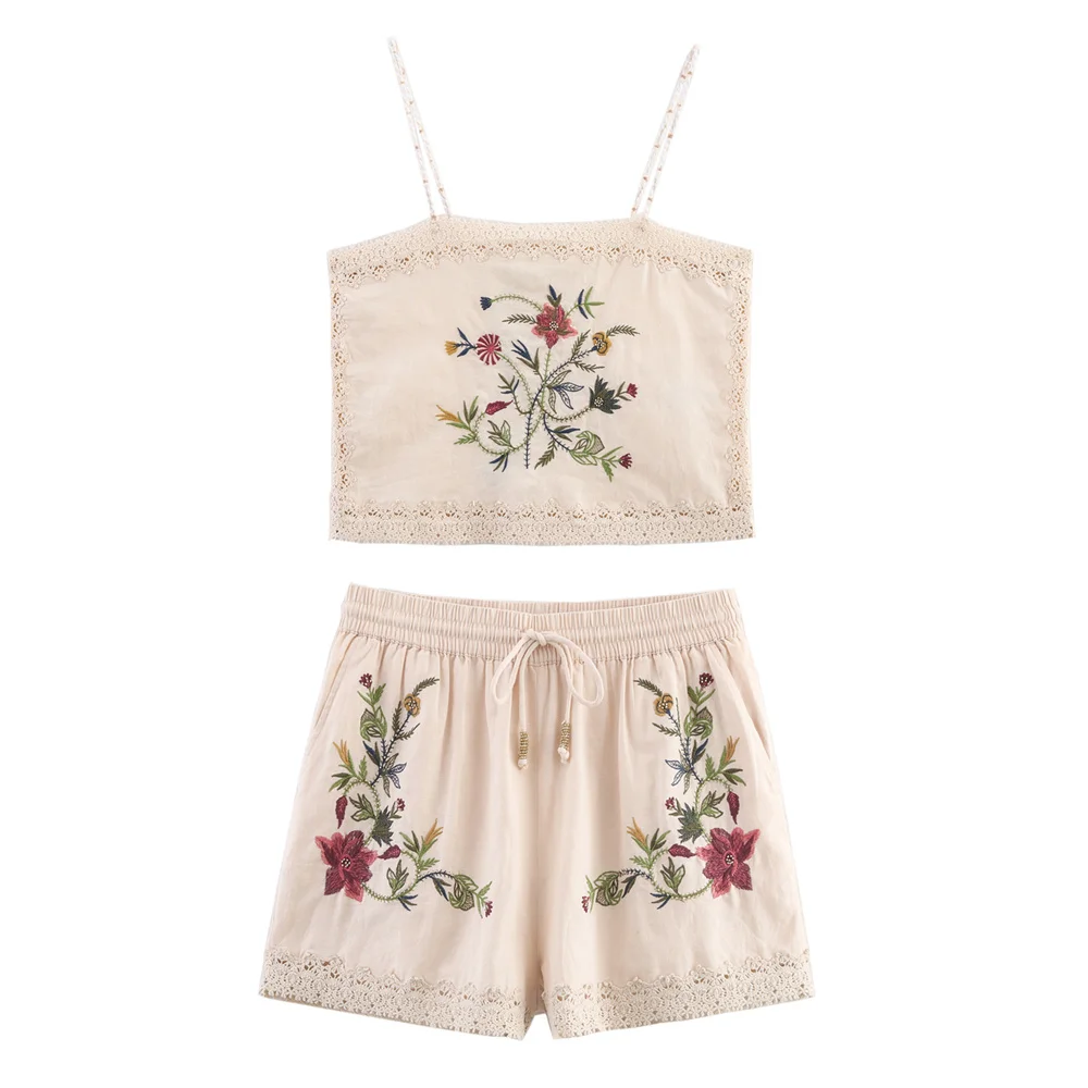 

2025 New Women's Casual Elegant Design with European and American Style Jacquard Embroidery Strap Top&Shorts Set