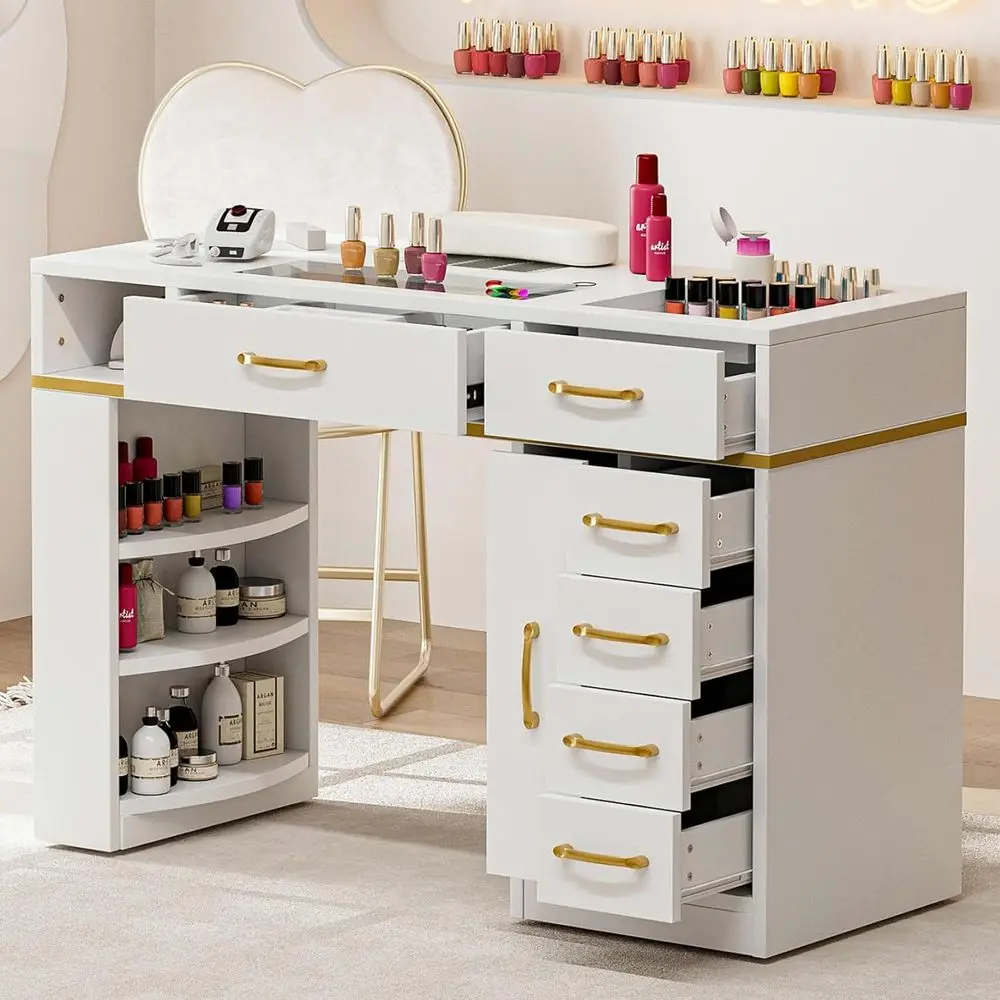 

White Nail Tech Workstation with Dust Collector, Glass Top, 7 Drawers, 3-Tier Shelves, Wrist Cushion & Acrylic Rack