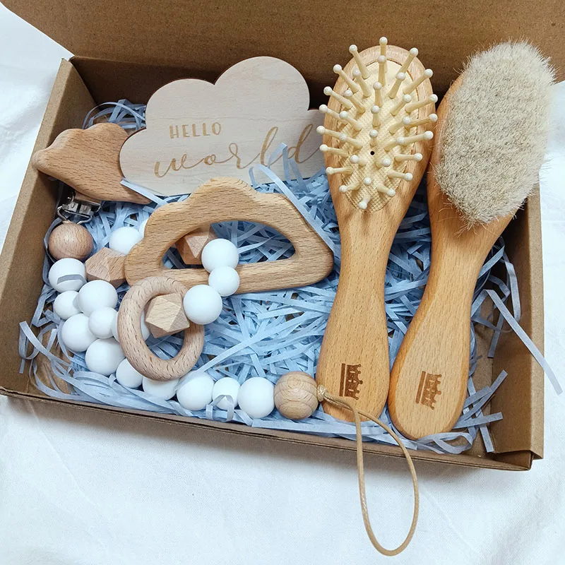 Wooden Baby Care Comb Birth Gift  Baby Shower Wool Natural Hairbrush Soft Hair Massager Bracelet Pacifier Custom Name Bath Toys