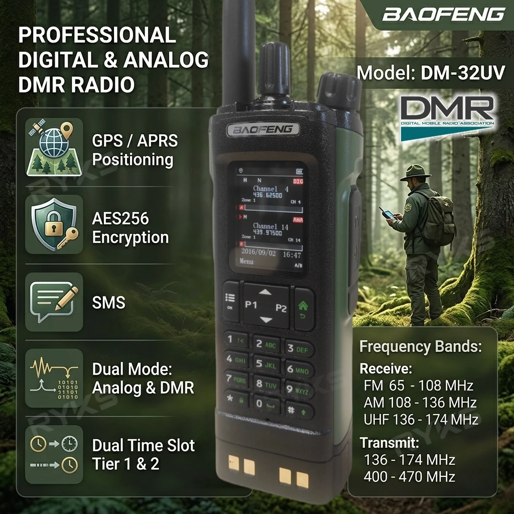 Walkie Talkie For Forest Ranger Baofeng Dm-32Uv 10W Dmr Digital Radio+Analog Aes256 Encryption Gps/Aprs Vox Talk Range 3-15Km