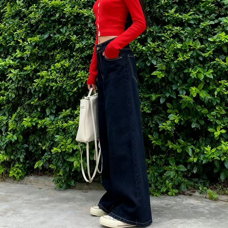 Jean thermique Y2K pour femme, doublé polaire, pantalon à jambes larges, taille haute, jambe droite, hiver