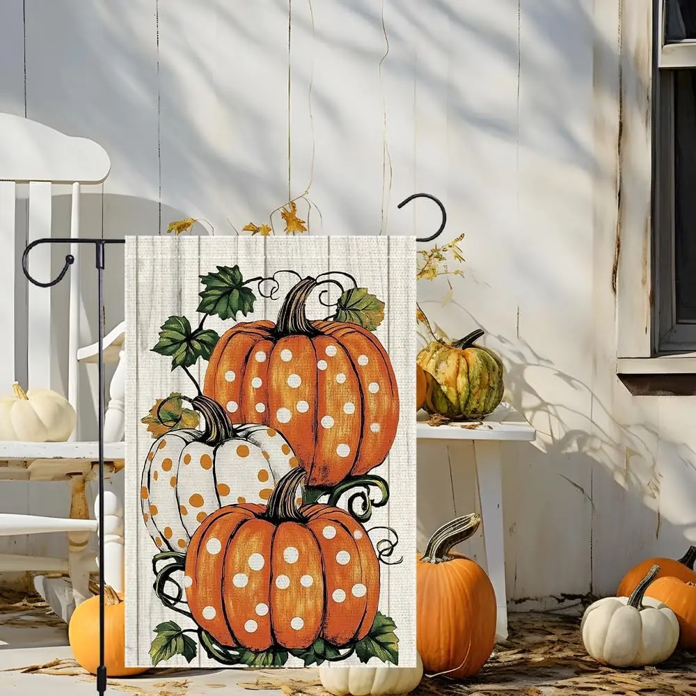 Fall Garden Flag Pumpkin Thanksgiving Garden Flags 12.5x18 Inch Double Sided Small Burlap Yard Autumn Polka Dots Banner Outs UUN