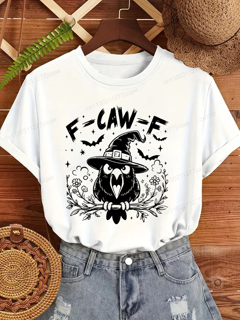 Funny Halloween Crow Print T-Shirts Trendy Fashion Tee Shirts Short Sleeve Tshirts Halloween Party T-Shirts Spooky Season Gift