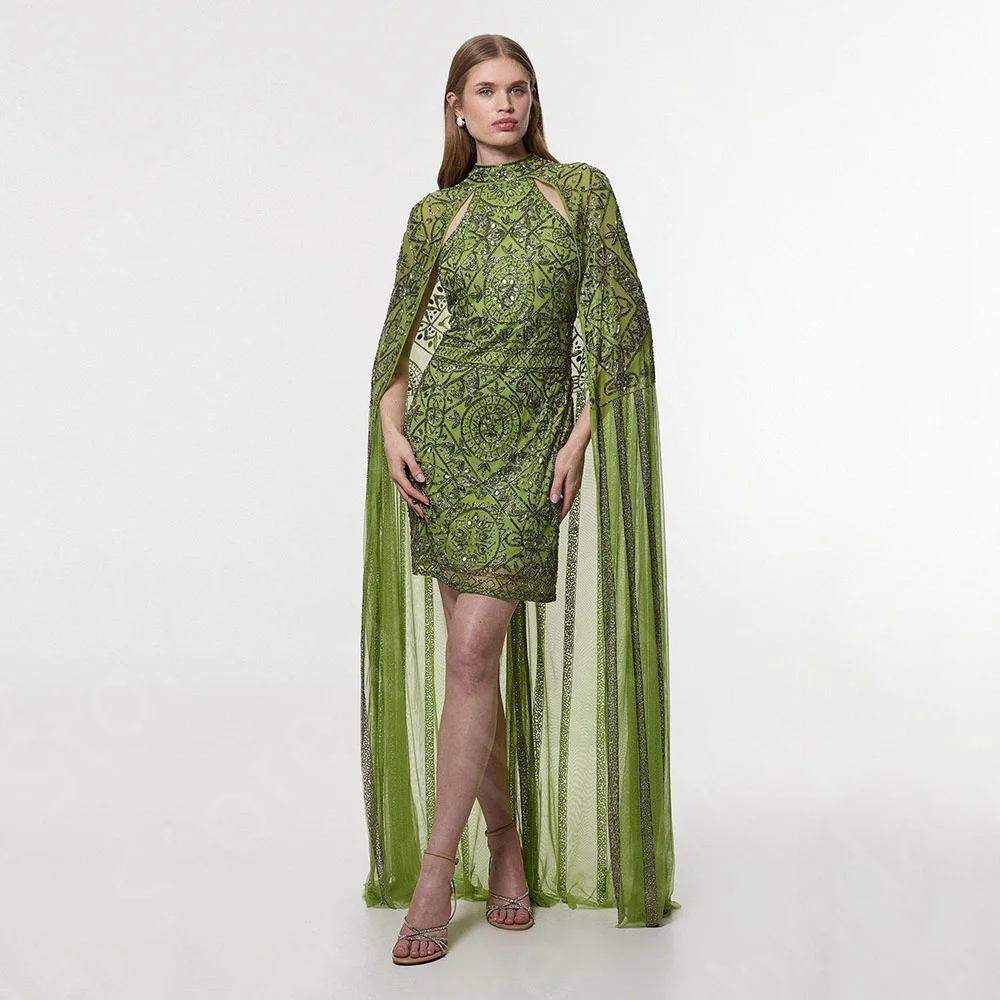 

Customized Gorgeous Green Evening Dresses 2025 Prom Gowns Luxury Crystal Beaded Wedding Guest Dresses with Cape High Neck