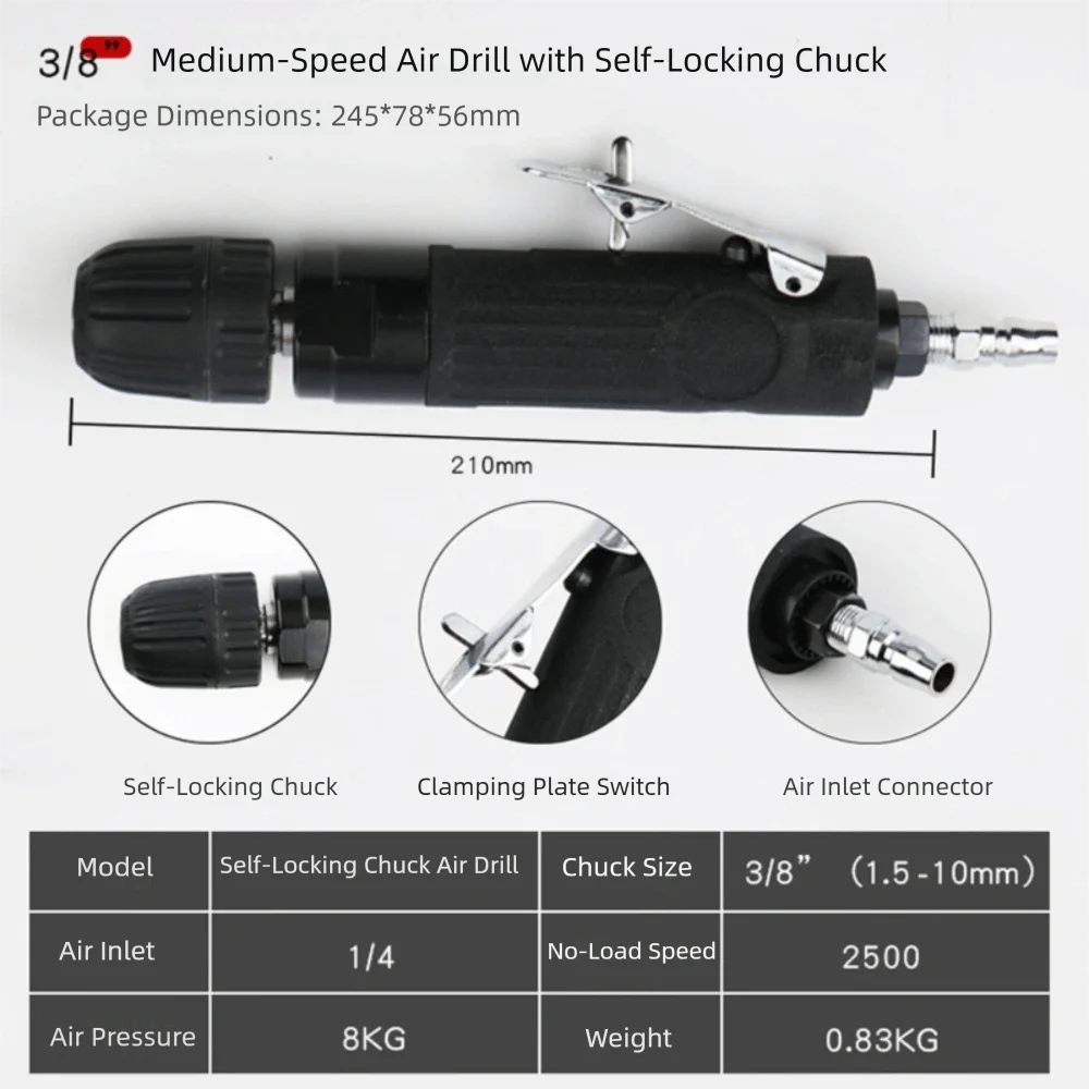 

Tools 3/8 Inch Air Drill Self-Locking Large Torque Straight Drill Gun Mini Air-Operated Sanding Machine Metal Working