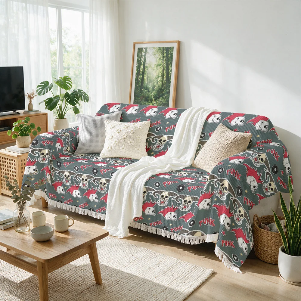 Novelty Skull Print Punk Rock Throw Blanket Couch Cover Bedspread Boho Gothic Grunge Decor for Sofa Bedding Home Accent