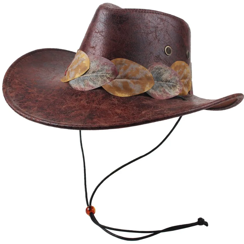 Women Vintage Distressed Western Cowboy Jazz Hat PU Faux Leather Cap With Artificial Leaf Decor Retro European American Fashion
