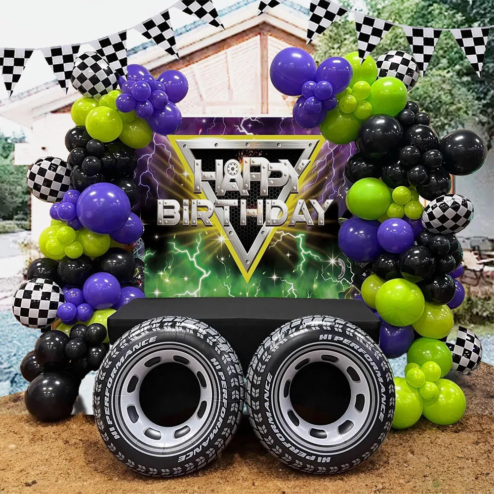 132Pcs Racing theme Balloon Garland Kit Black Green Dark Purple Balloon Large Wheel Theme Birthday Party Baby Shower Decoration