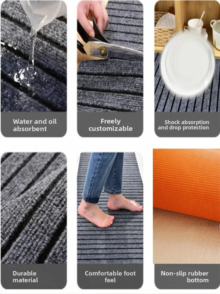 Home Use Cutable Anti-Slip Door Mat Kitchen Absorbent Oil Dirt Resistant Carpet Large Area Floor Mat Natural Rubber Striped P...