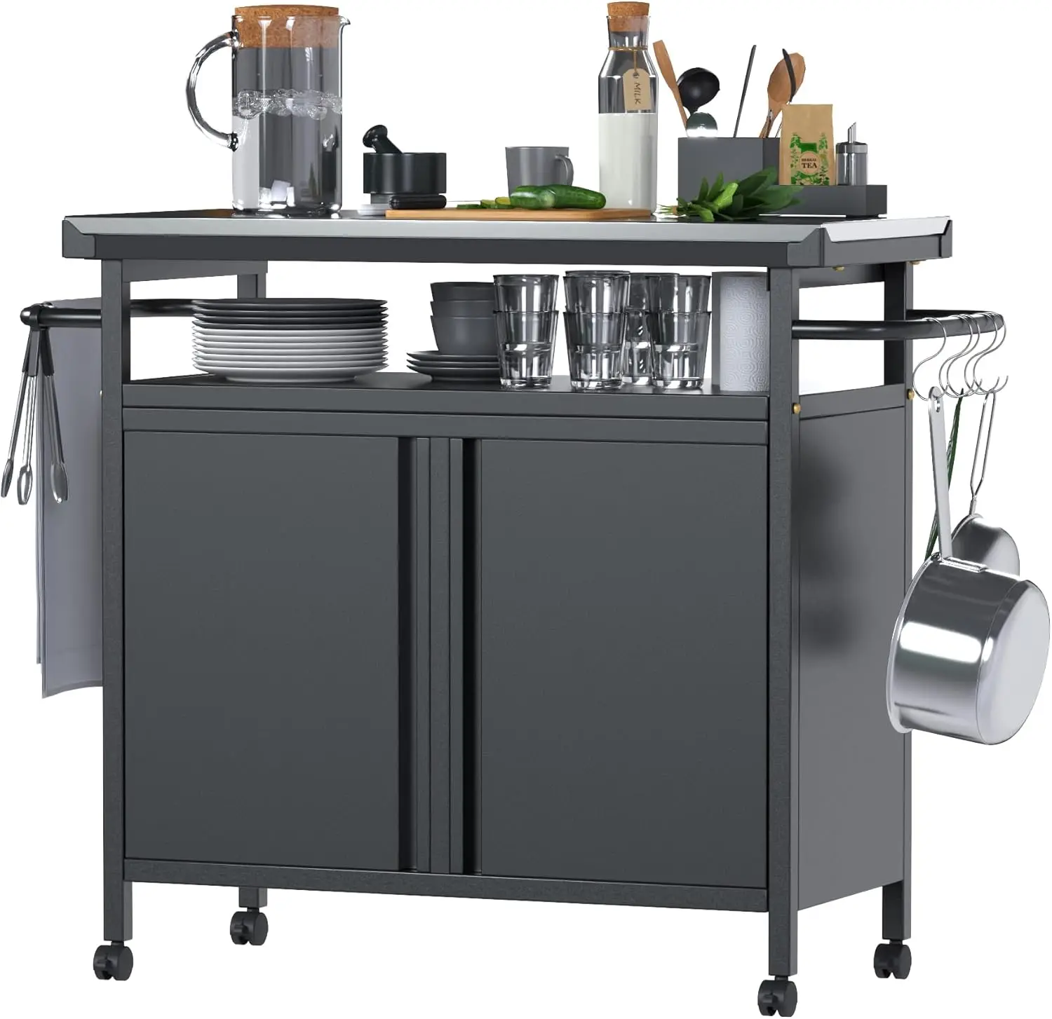 Outdoor Grill Cart With Storage On Wheels - 32 ""H Outdoor Grill Table,Stainless Steel Top,Black (Hooks Not Included)