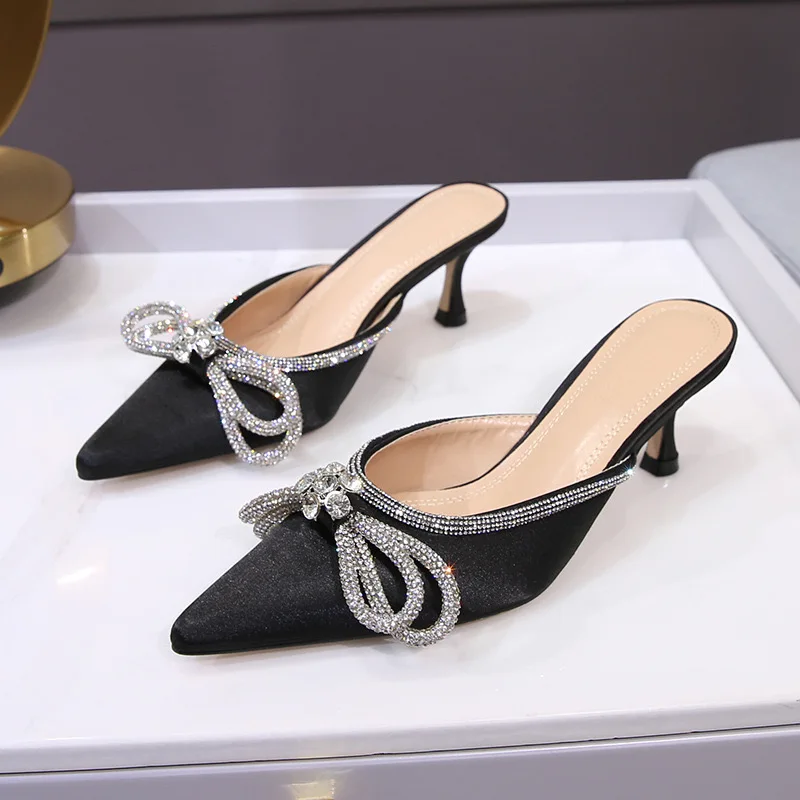 Spring And Summer Of 2024, The New Rhinestone Bow Pointed Half Slippers, Satin Thin Heels And High-Heeled Sandals And Slippers.