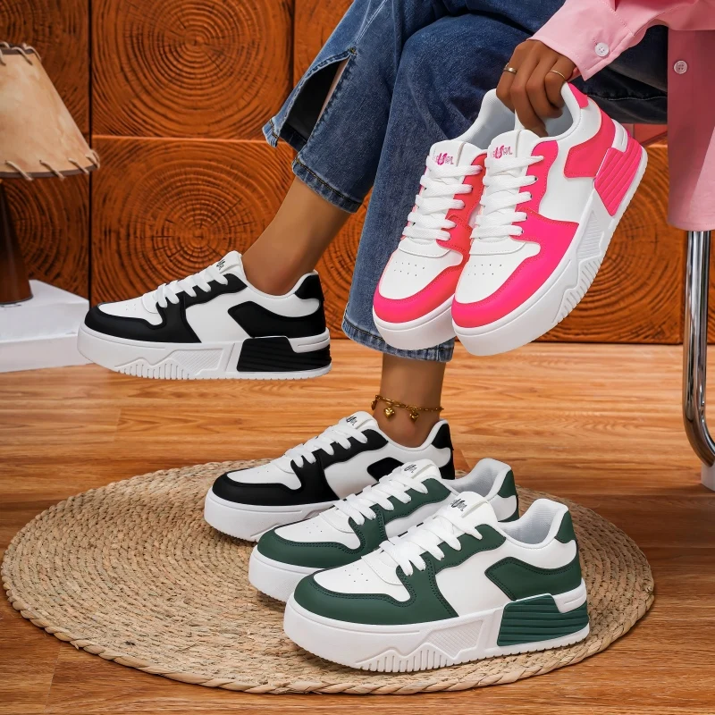 New Trendy Thick-Soled White Sneakers for Women, Color-Blocked, Genuine Leather, Lace-Up, Breathable