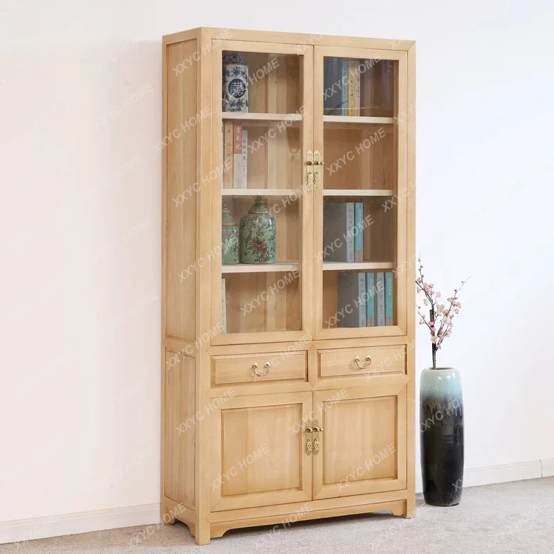 Modern log paint-free glass solid wood bookcase New Chinese camphor wood bookshelf combination bookcase Room locker display