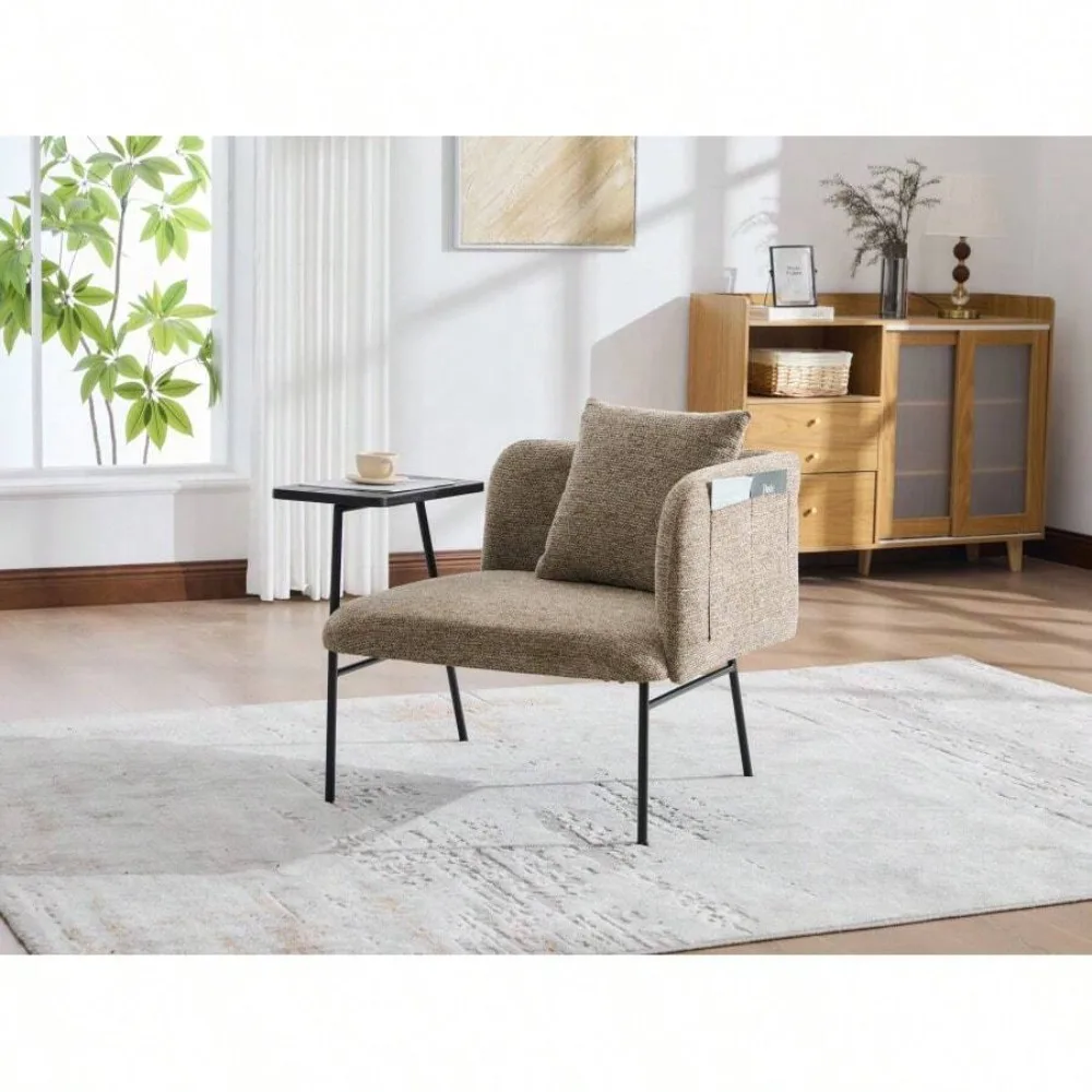Leisure Chair with Small Table and Back Pillow, Modern Upholstered Single Sofa with Metal Legs and Side Pockets, Lounge Chair for Living Room Bedroom Garden, Compact Accent Seating with Cushion - view 8