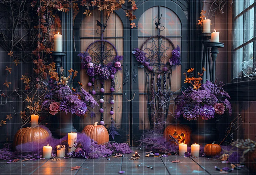 Mehofond Photography Background Boho Interior Halloween Purple Flower Pumpkin Kids Birthday Portrait Decor Backdrop Photo Studio