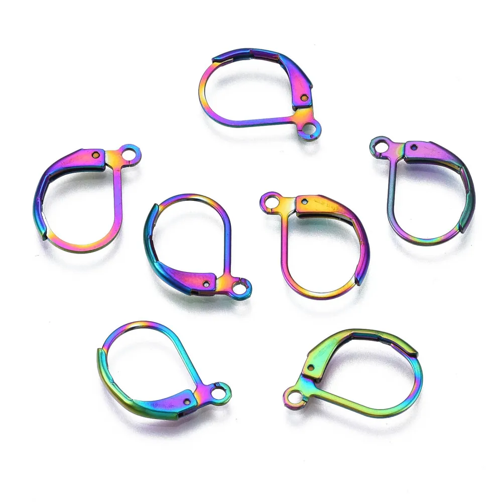 304 Stainless Steel Leverback Earring Findings Ear Wire Cadmium Free & Nickel Free & Lead Free Rainbow Color 16x10.5mm