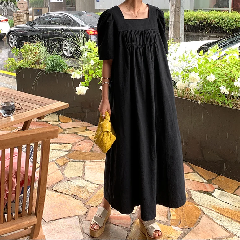 Blue Casual Loose Short Sleeve Square Collar Midi Dress Street Style Cotton Polyester Blend Summer Fashion for Women