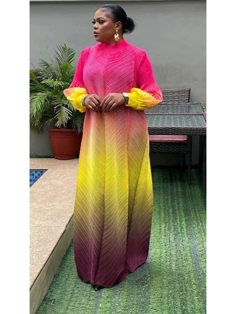 Miyake Pleated Maxi Long Miyake Dress Gradient Color Lantern Sleeves Half Turtleneck Formal Dresses for Women 2024 New