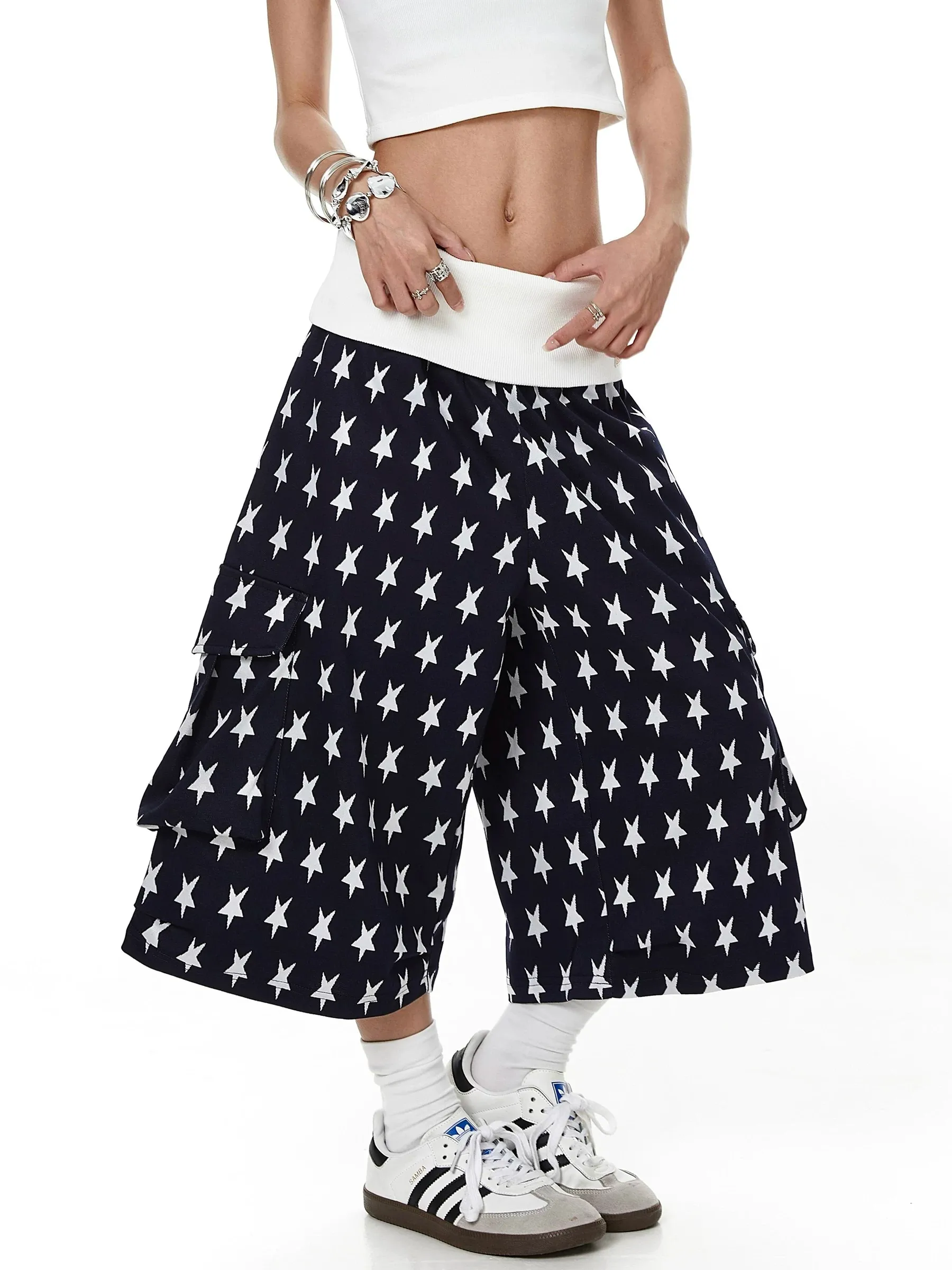American Style Color Block Waist Flip Star Print Seven-Foot Sweatpants Unisex Summer Retro Multi-Pocket Work Short Pants