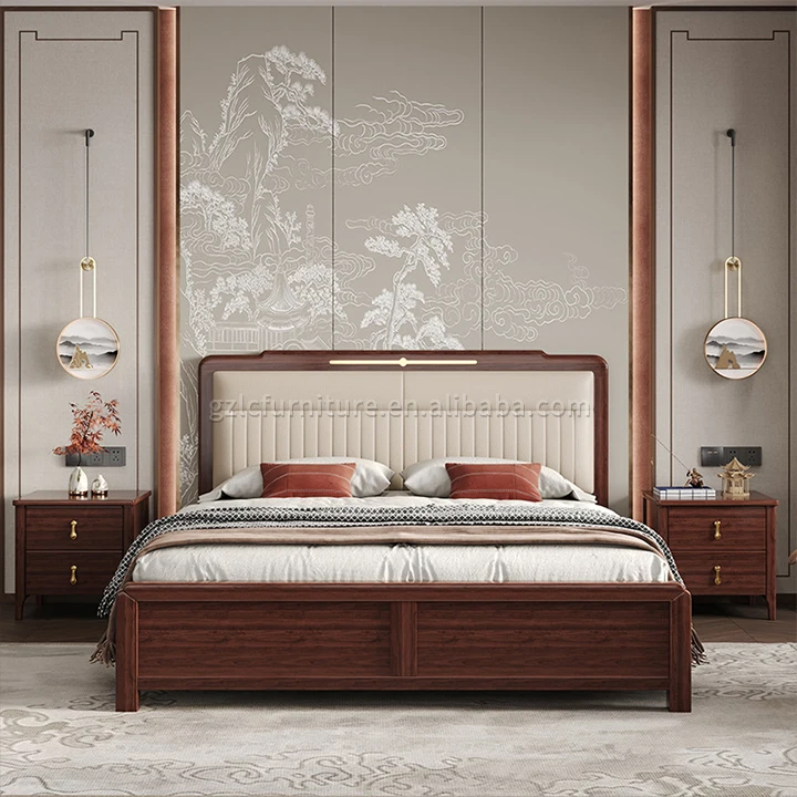 !@Modern King Queen Bed High Box Storage Soft Bag Backrest Double Ebony Bed Multi-Functional Solid Wood Bedroom