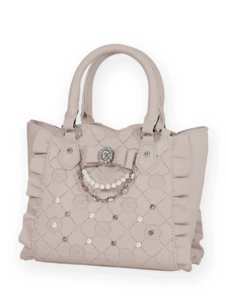 

Japanese Mines Sweet Pu Tote Bag Girl Summer NewCute Handbag Pearl Rhinestone Messenger Bag BowShoulder Bag Women Backpack
