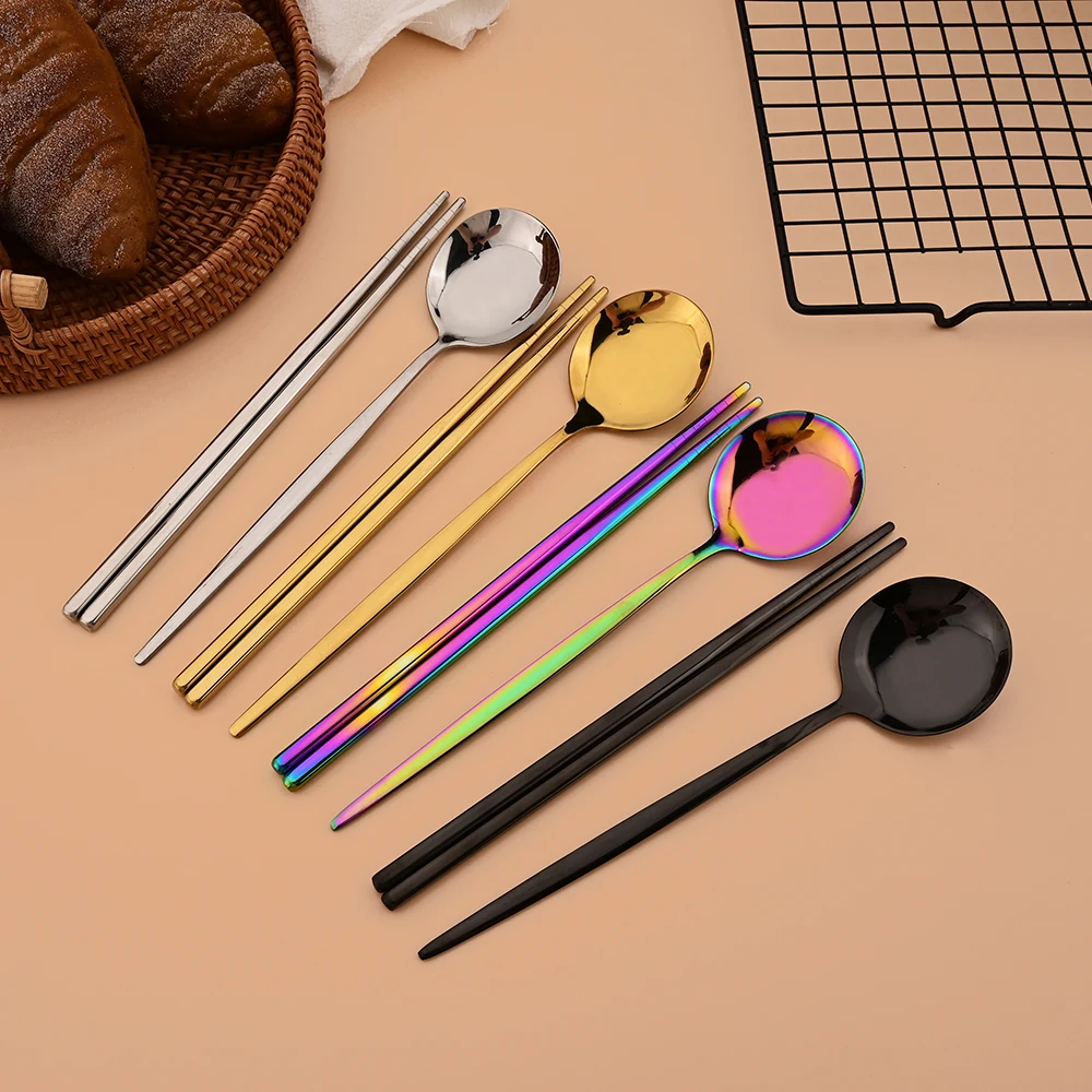Black Stainless Steel Cutlery Set Sushi Sticks Dinner Spoons Set 12Pcs Dinnerware Korean Chopsticks Dessert Spoon Flatware Set - view 2