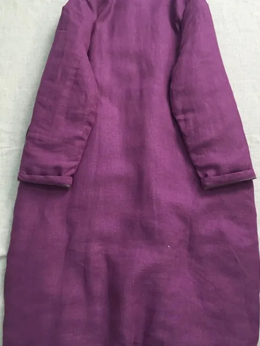 Winter Thickened Purple Washed Cotton Jacket Long Coat Button Design Commute Style Women's Outerwear 100% Cotton Coat