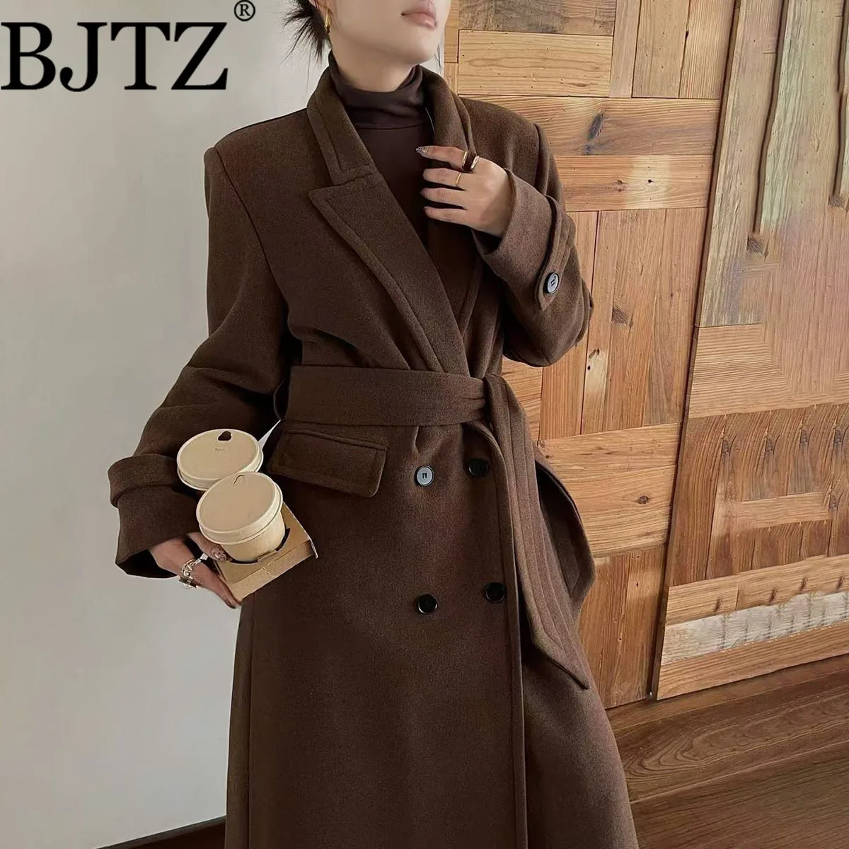 BJTZ المرأة خريف شتاء مزدوجة الصدر مربوط الخصر الصوف مزيج طويل السترة معطف خمر مكتب سيدة أنيقة شيك عارضة الزي