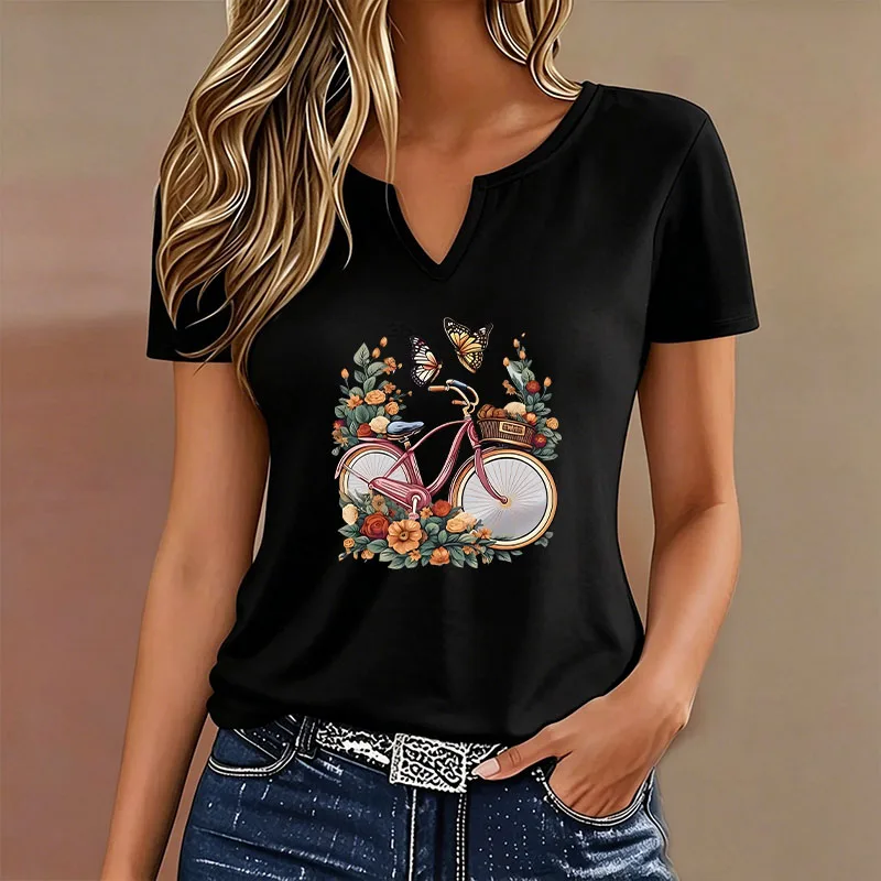 Fashion Retro Floral Butterfly with Bicycle T-shirt V Neck Casual T Shirts Women Short Sleeve Tee Shirt V-Neck Summer Spring
