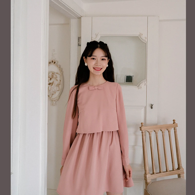 

Sweet Sle Long Sve Dr Fake Two-Piece Set Faionable New Arrival Autumn Wear for Young Girls Slimming A-Line Skirt