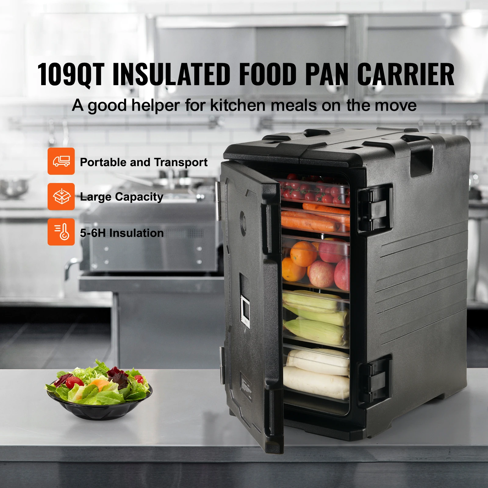Insulated Food Pan Carrier, 109 Qt Hot Box for Catering, LLDPE Food Box Carrier with Double Buckles, Front Loading Food Warmer with Handles, End Loader with Wheels for Restaurant, Canteen, etc.